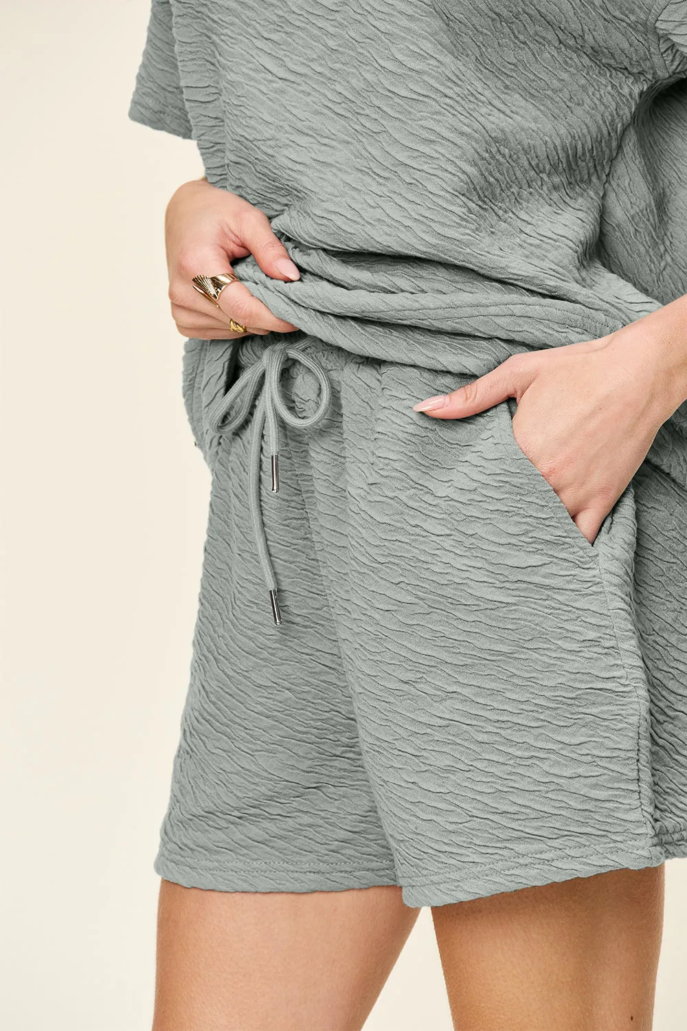 Double Take Wavy Textured Short Sleeve T-Shirt and Drawstring Shorts Set