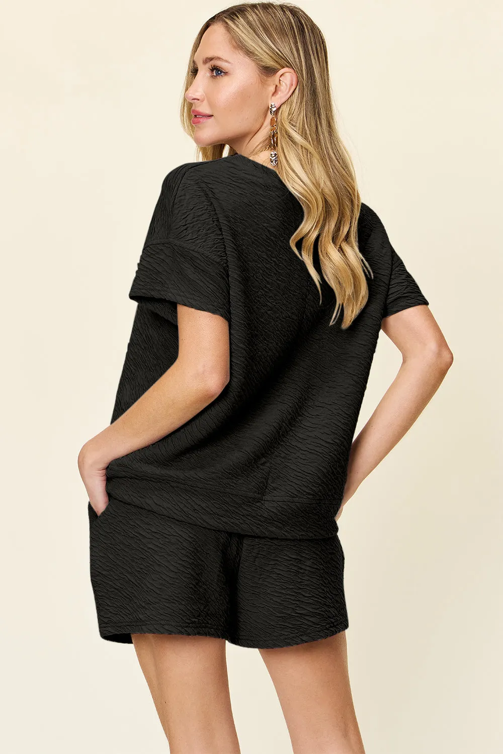 Double Take Wavy Textured Short Sleeve T-Shirt and Drawstring Shorts Set
