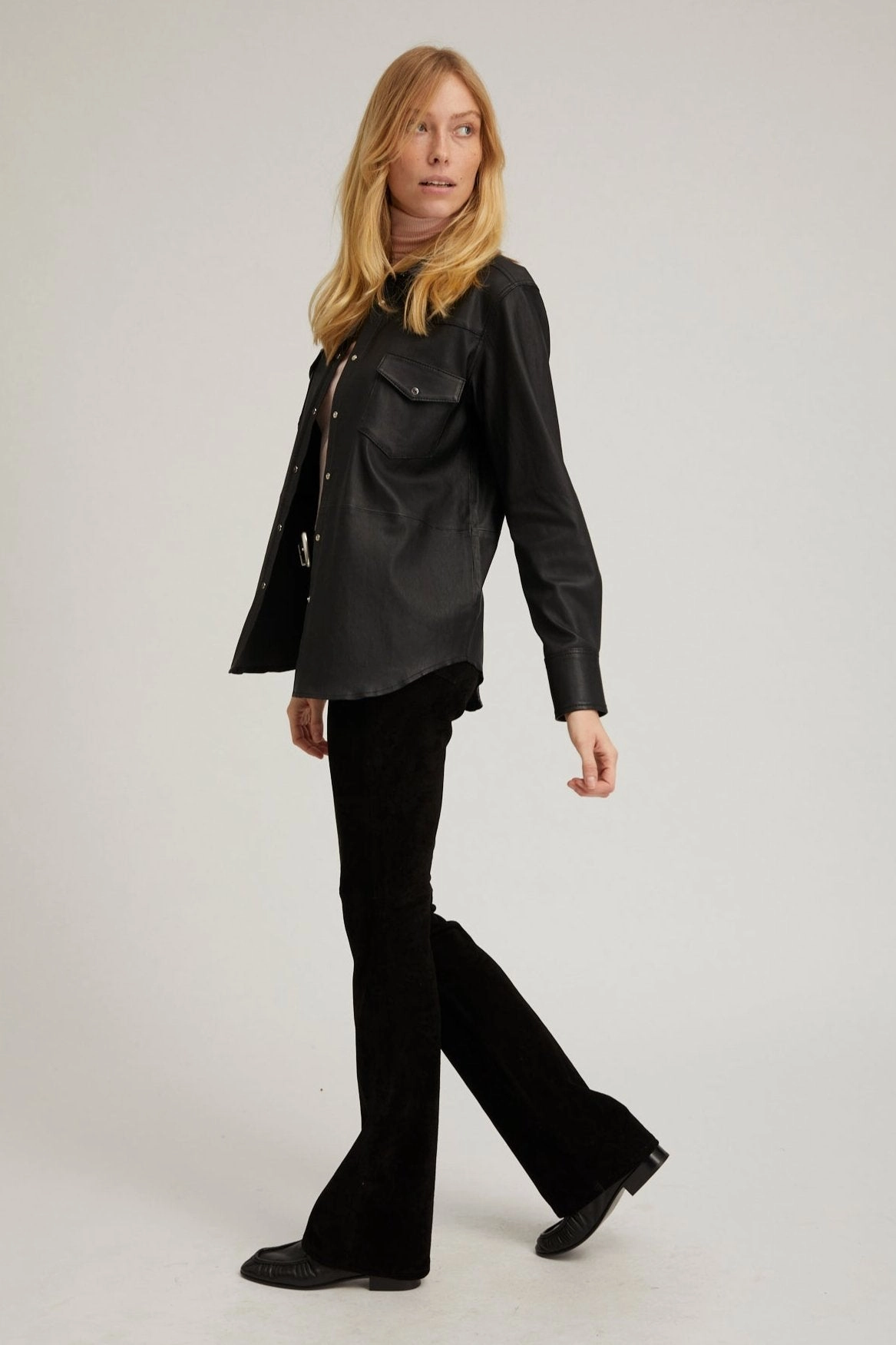Ethically Sourced Yarn Recycled Polyester Black Leather Western Button Down