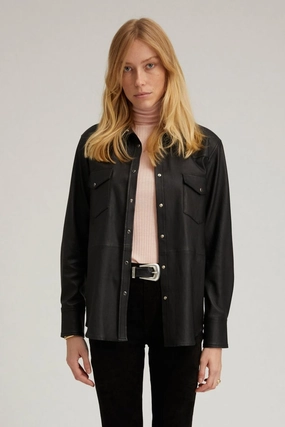 NonRestrictiveSilhouette Stretch Woven Material Black Leather Western Button Down