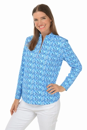 Abrasion Resistant Surface Interlock Weave Blue Chevron Mock Neck UPF50  Top
