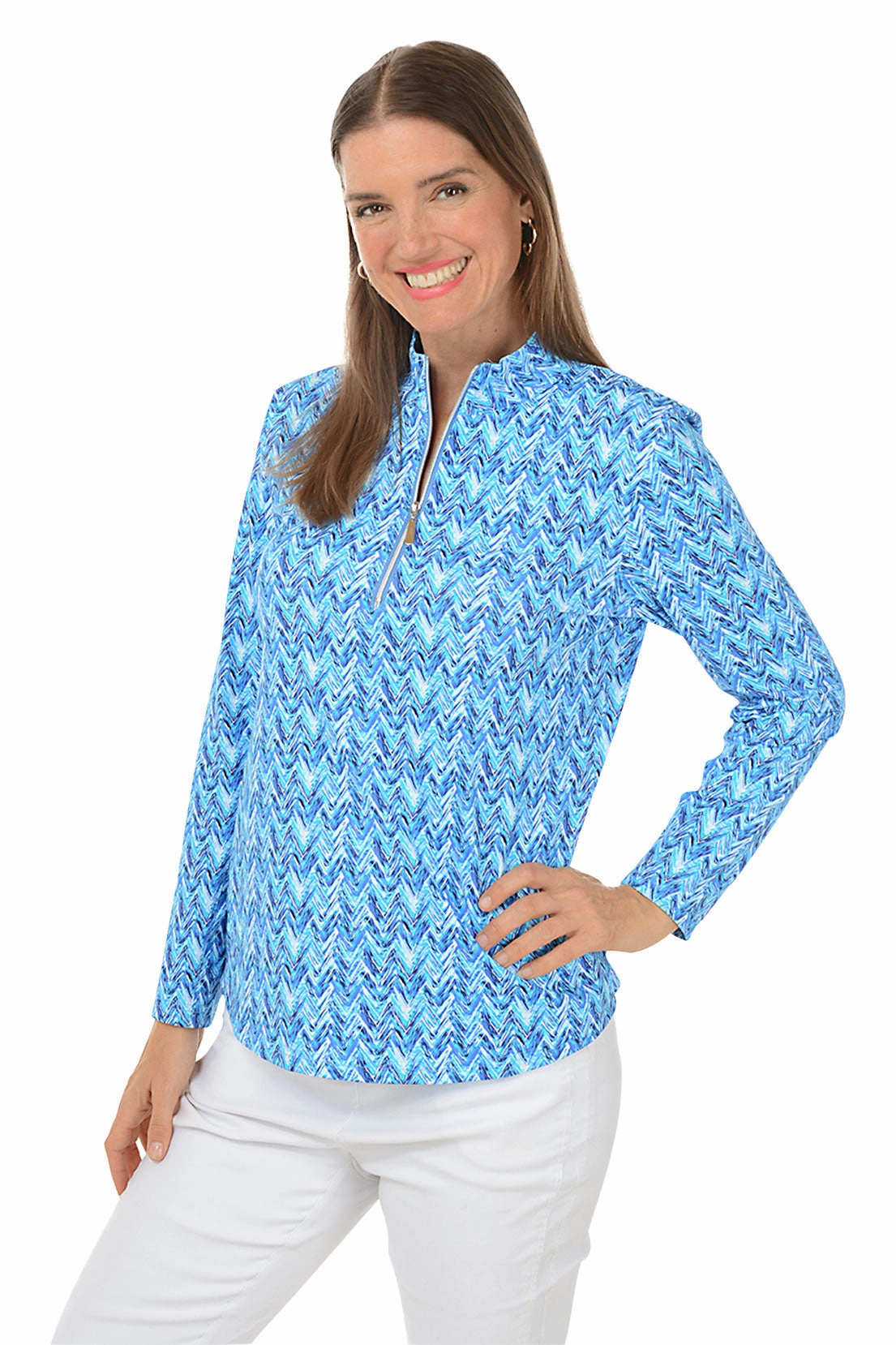 Abrasion Resistant Surface Interlock Weave Blue Chevron Mock Neck UPF50  Top