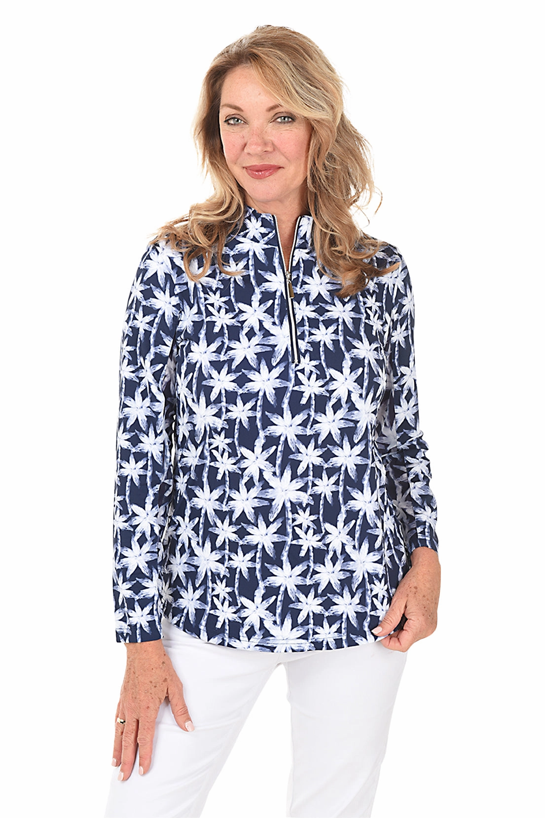 Ergonomic Fit Design Brushstroke Palms Cooling UPF50  Mock Neck Top