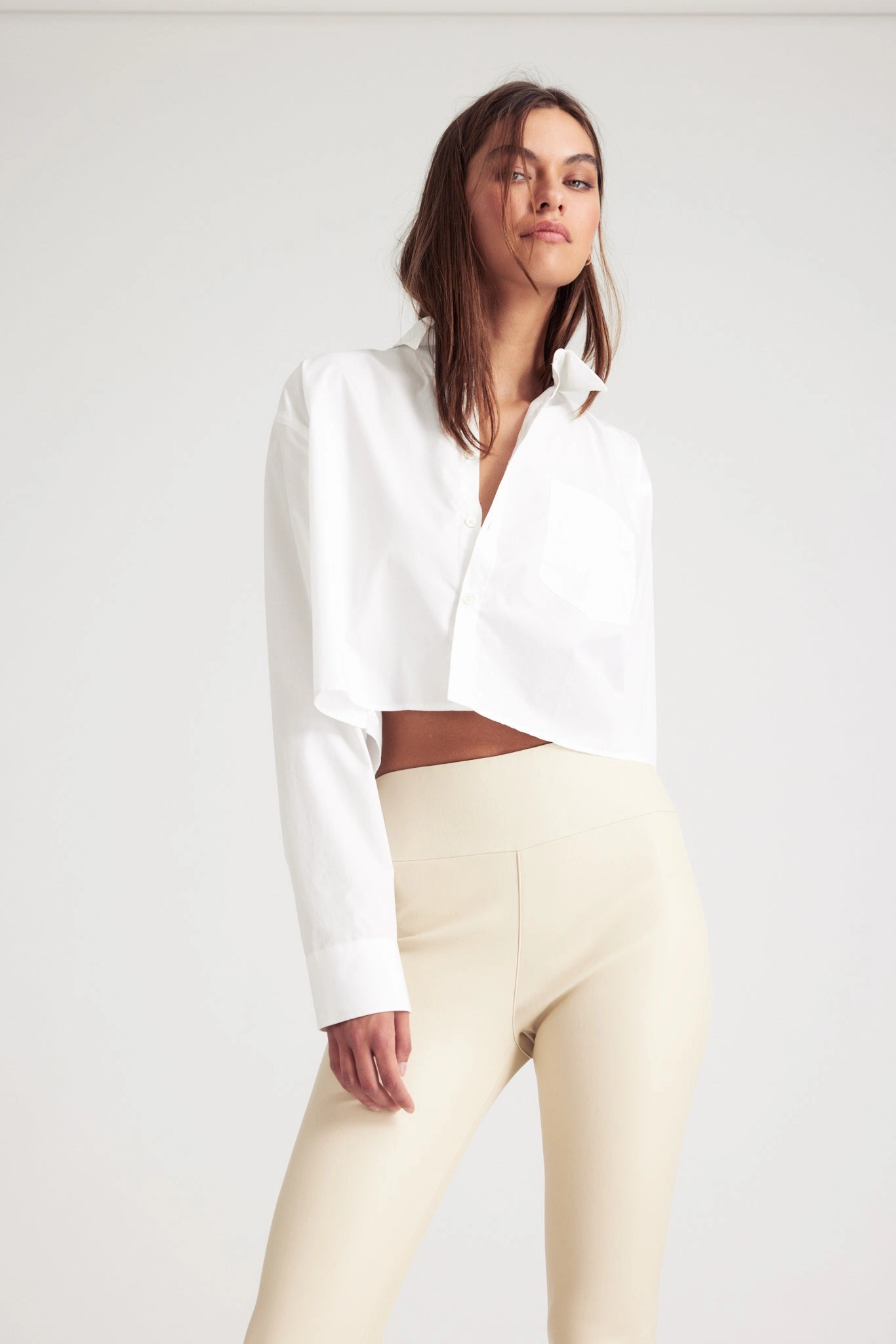 White Cropped Button Down LowProfileDesign ReflectiveTrimDetails