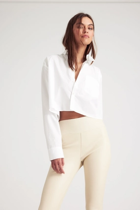 White Cropped Button Down LowProfileDesign ReflectiveTrimDetails