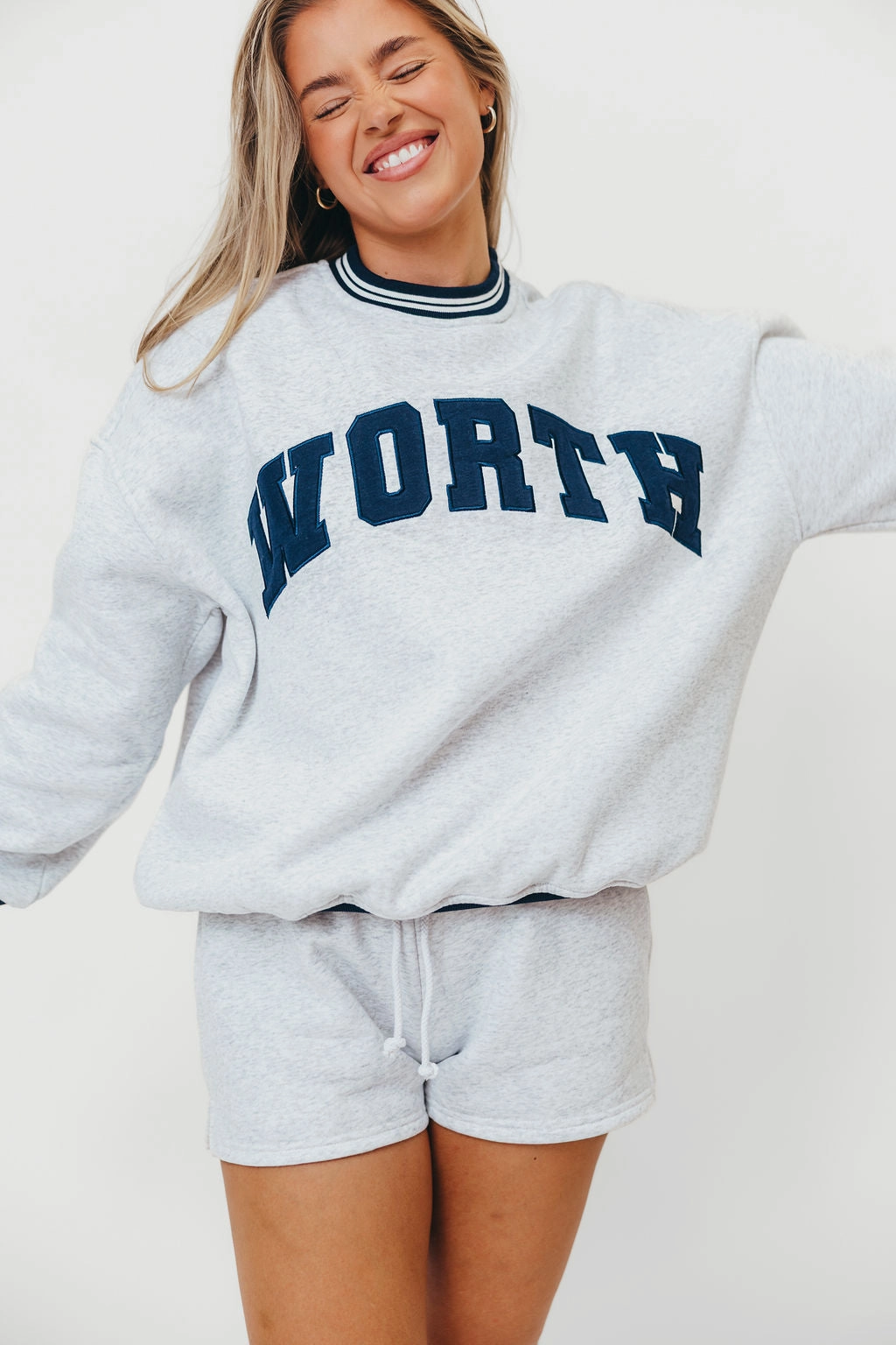 WORTH Preppy Embroider Crew Sweatshirt in Pearl Grey Lightweight Material ReflectiveTrims