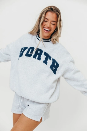 SweatAbsorbent Stretch Weave Construction WORTH Preppy Embroider Crew Sweatshirt in Pearl Grey
