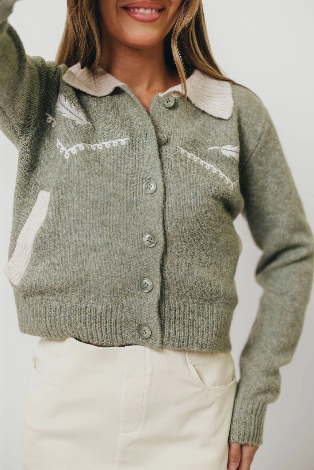 Dakota Feather Embroidered Cardigan Top in Basil Double Stitched Seams Yarn Dyed Stripes