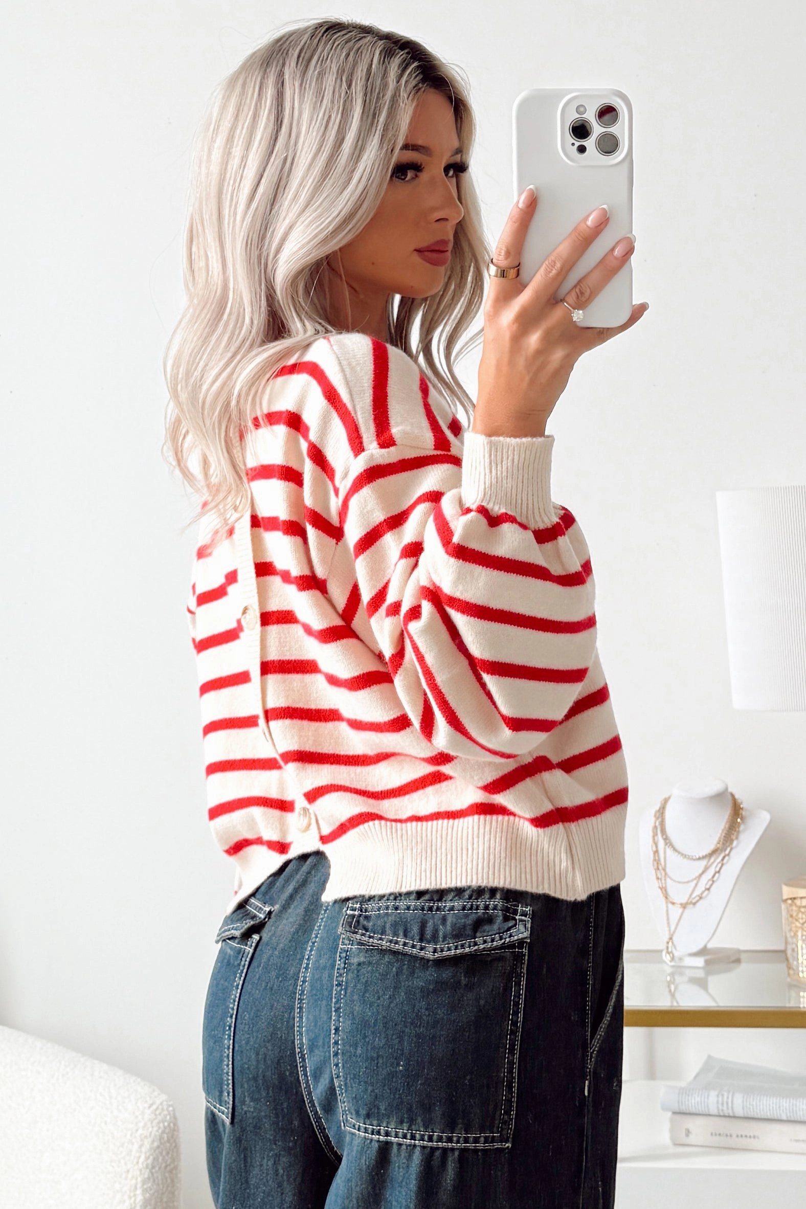 FrictionFreeNeckline Morning Rituals Striped Button Detail Sweater (Red)