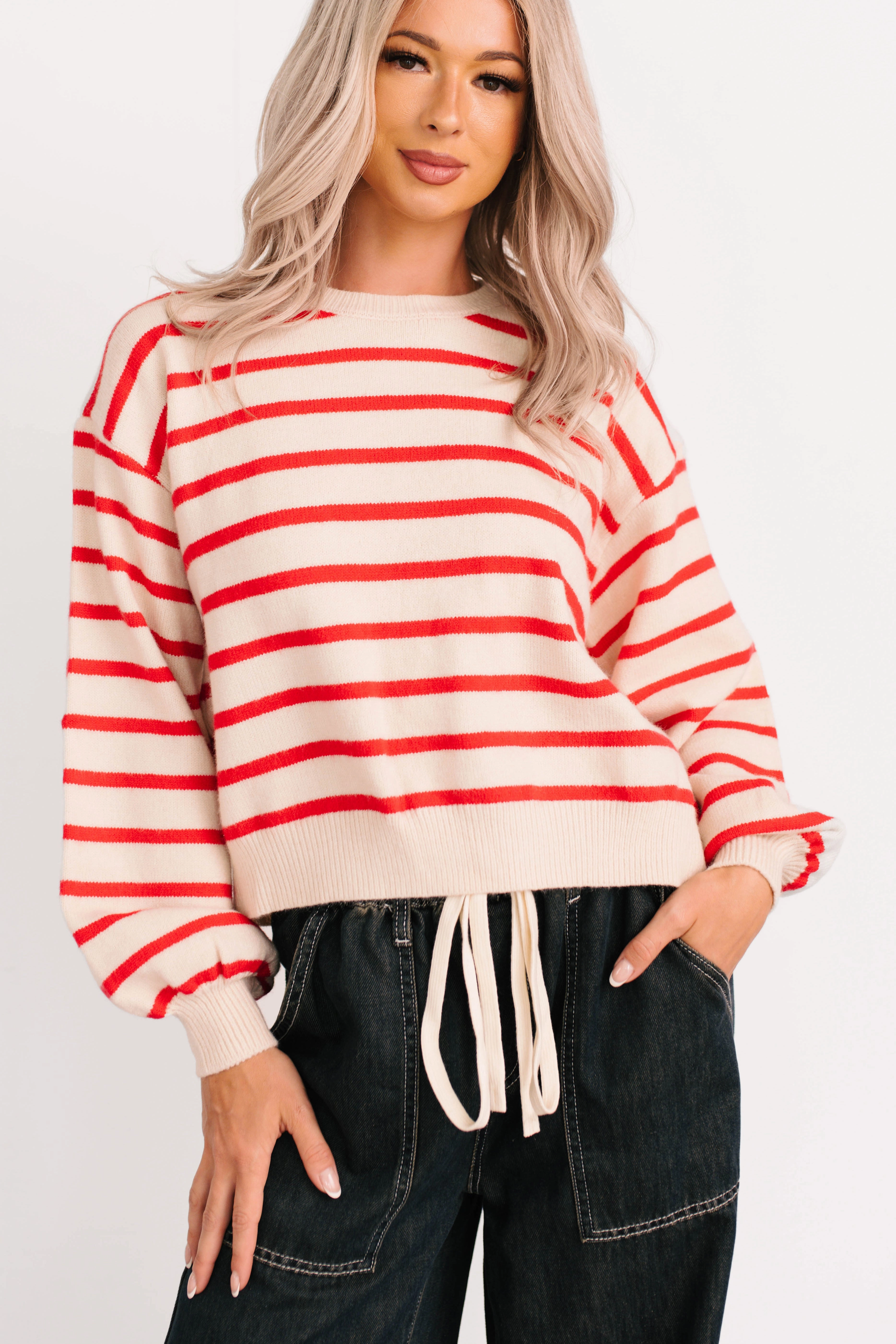 Ergonomic Shoulder Shape Morning Rituals Striped Button Detail Sweater (Red)