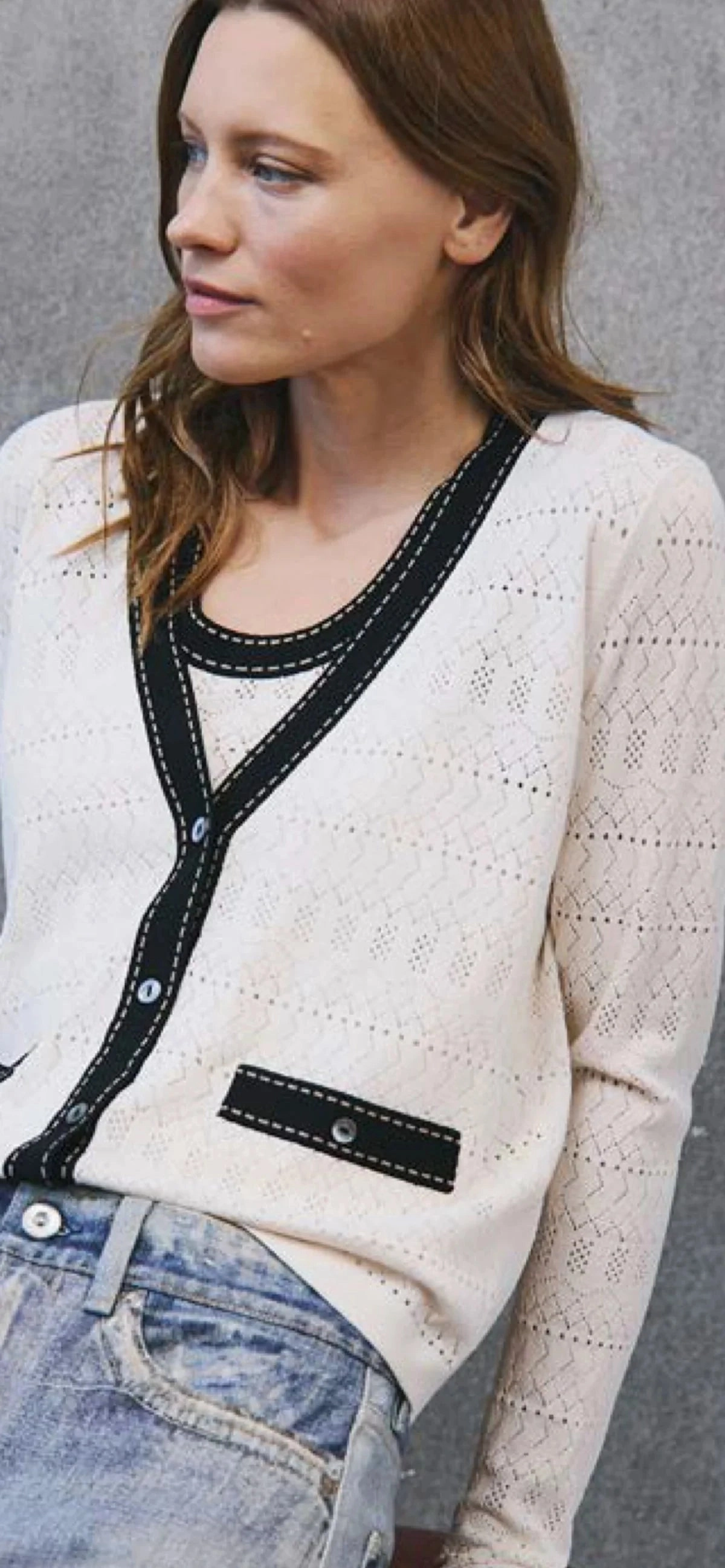 Comfy Fit VentilatedBack Pointelle V-Neck Cardigan Saddle Stitching Sand
