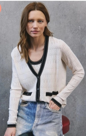 Pointelle V-Neck Cardigan Saddle Stitching Sand FadeResistant Dye Soft Brushed Finish