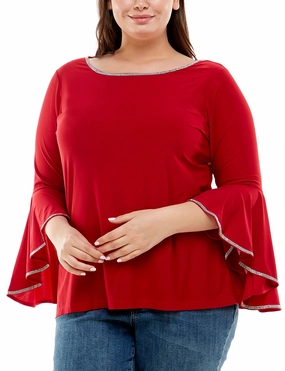 Plus Size Long Bell Sleeve Top With Stone Details V Neck Design