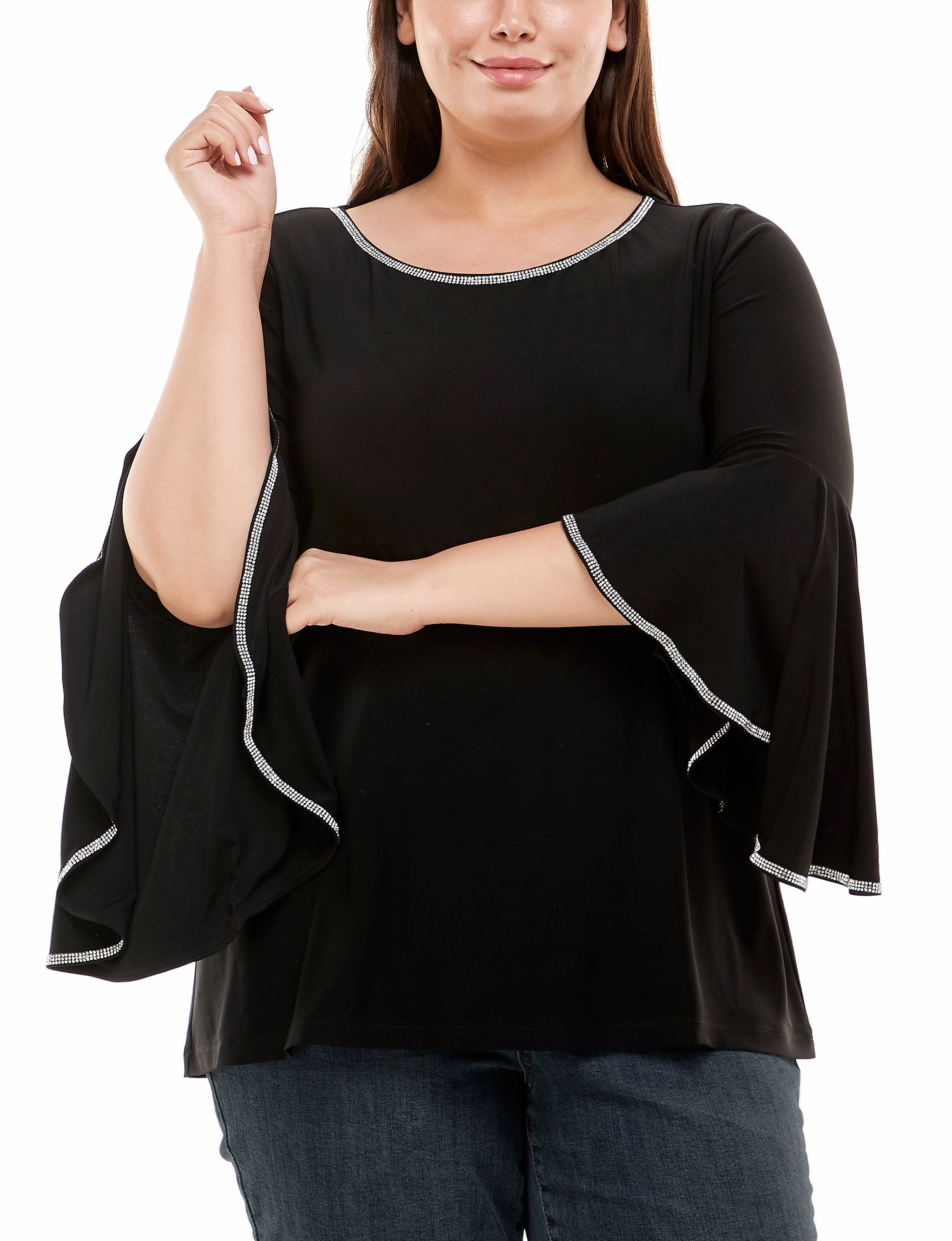 Hidden Storage Pocket Plus Size Long Bell Sleeve Top With Stone Details