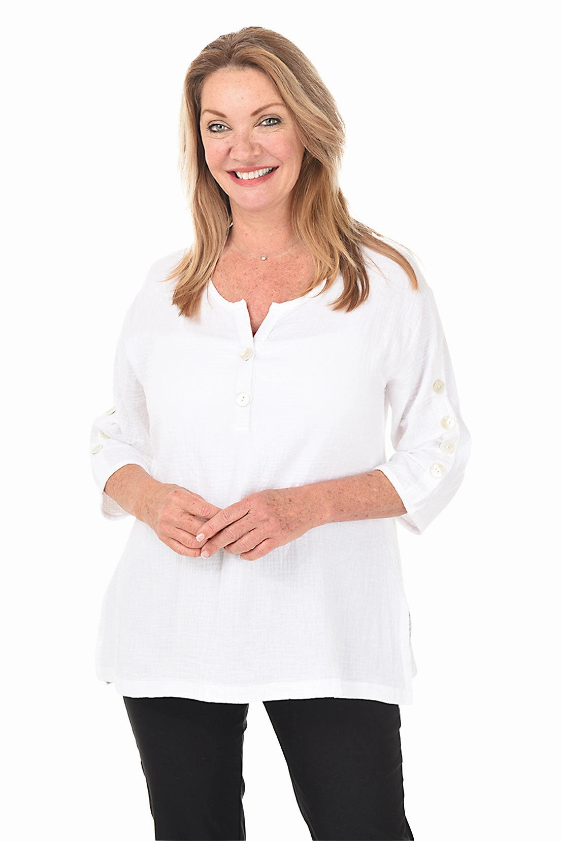 Bonded Seam Tape Bubble Gauze Button Sleeve Top