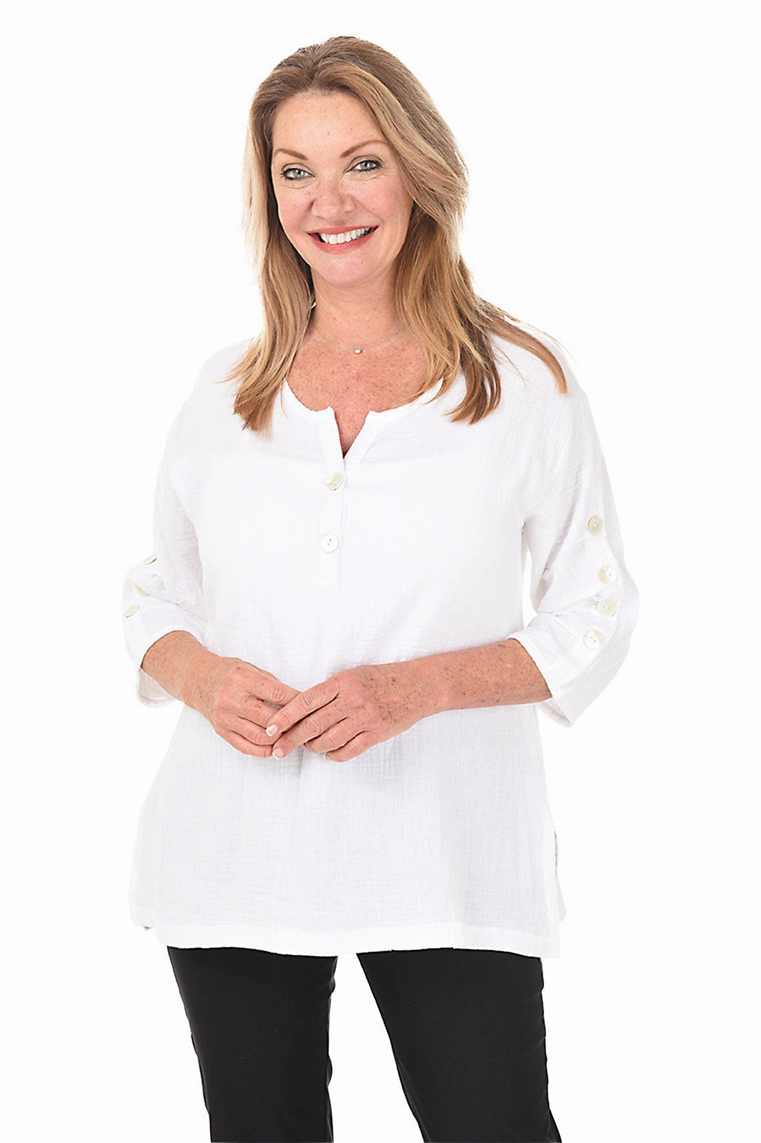 Bubble Gauze Button Sleeve Top Relaxed Sweatshirt Sun Protective Fabric