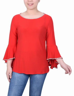 BreathableMoistureBarrier Petite Long Bell Sleeve Tunic Top With Stone Details