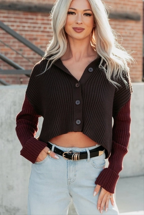 Smooth Seam Transition Dream Mirage Contrast Sleeve Cardigan Sweater (Espresso)