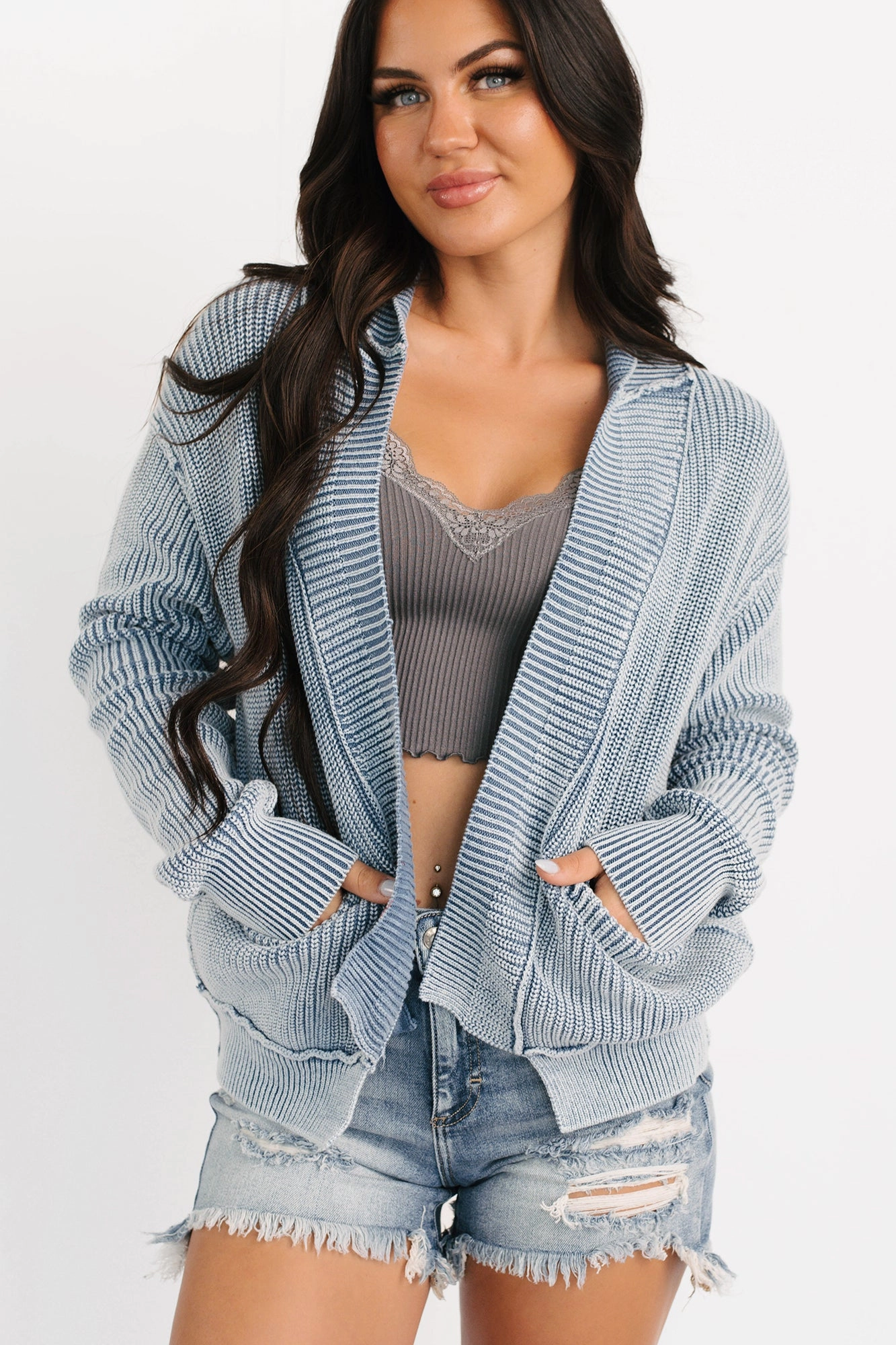 HighDurabilityWeave DropShoulderConstruction Dream Wear Zenana Washed Knit Cardigan (Dusty Blue)