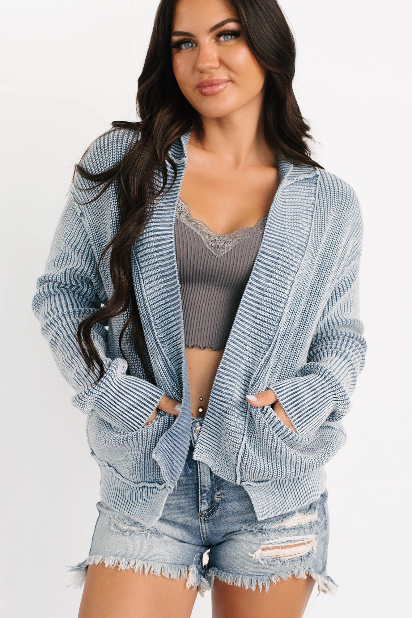Dream Wear Zenana Washed Knit Cardigan (Dusty Blue) Fitted Shirt