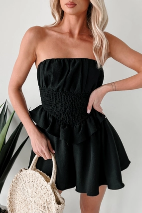 Layered Comfort High Waist Stretch Dreams In The Garden Strapless Romper (Black)