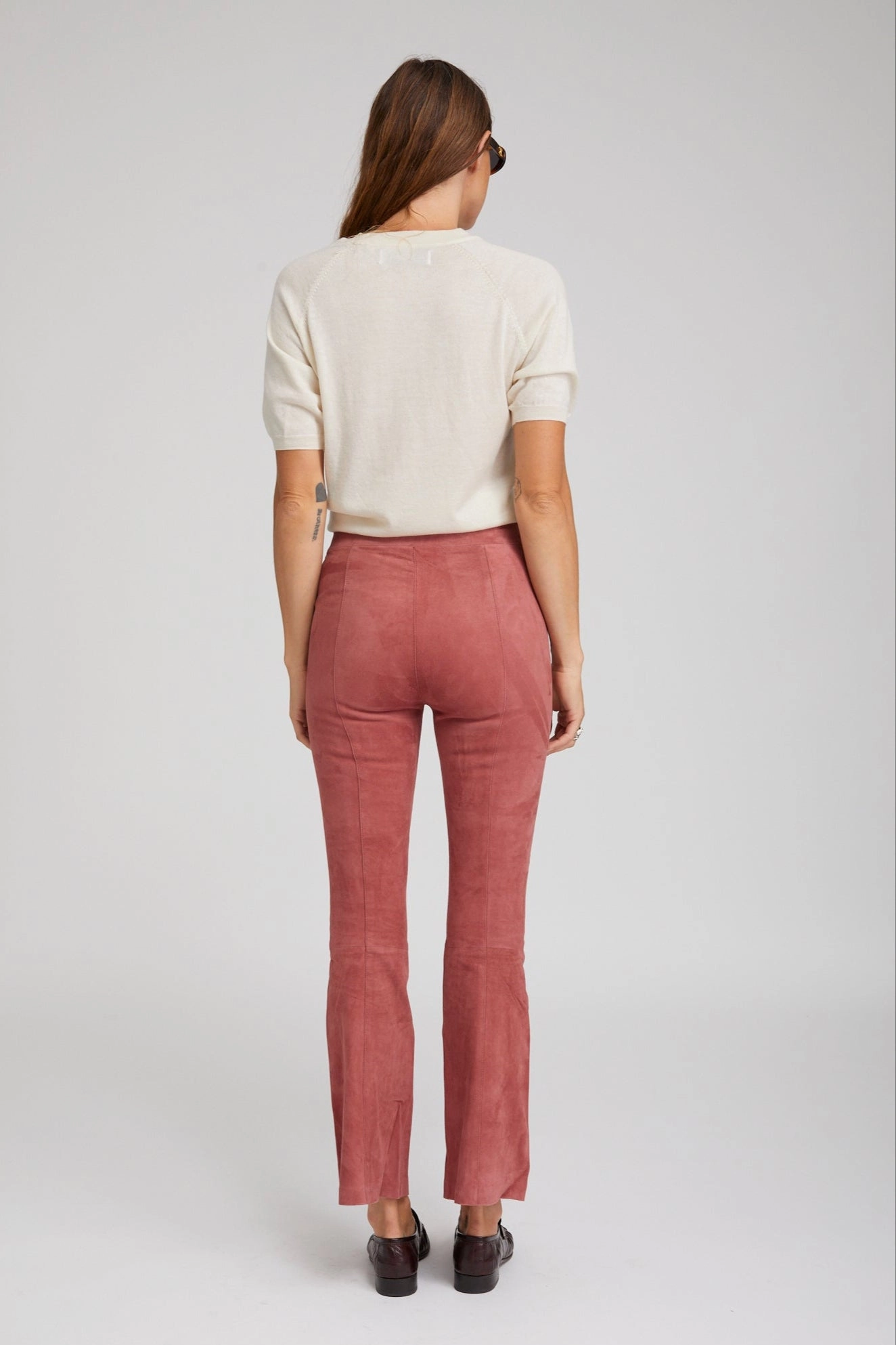 Mauve Suede Front Snap Ankle Flare Leggings Everyday Comfort Simple Comfort