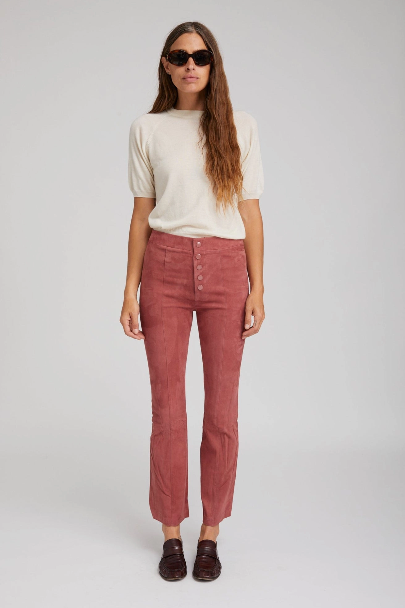 DoubleLayeredKnees Mauve Suede Front Snap Ankle Flare Leggings