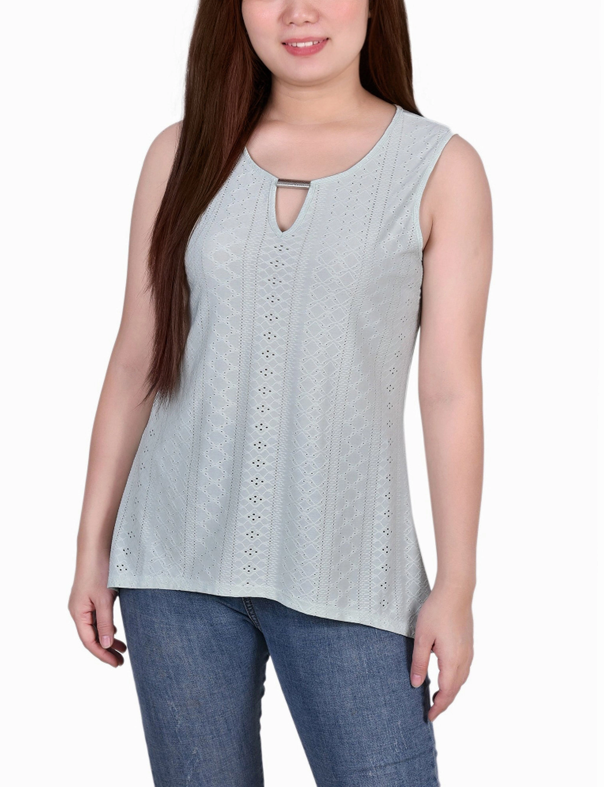Sleeveless Knit Eyelet Top With Hardware ReflectiveTrims