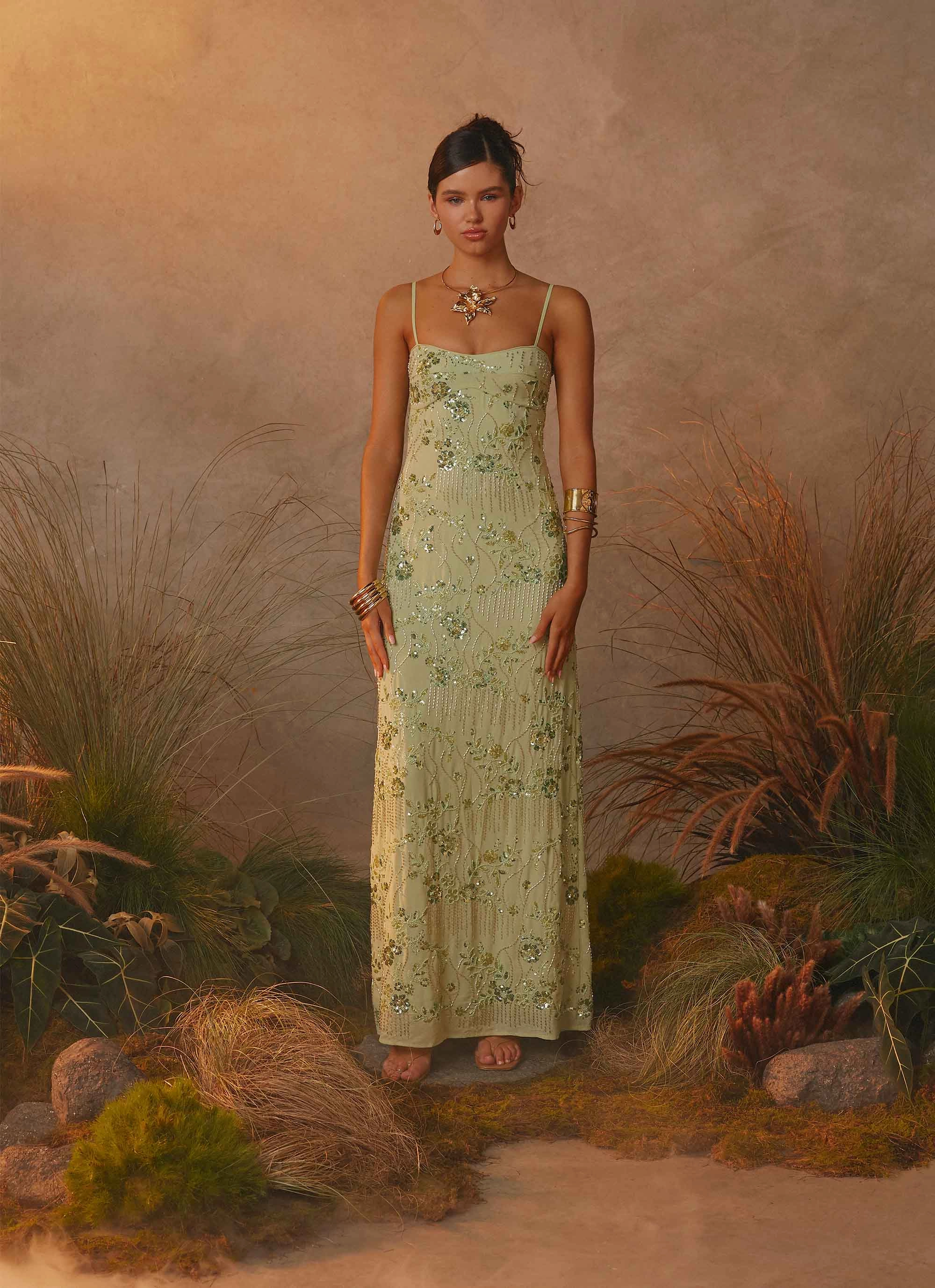 Celandine Beaded Maxi Dress - Lime Daily Comfort