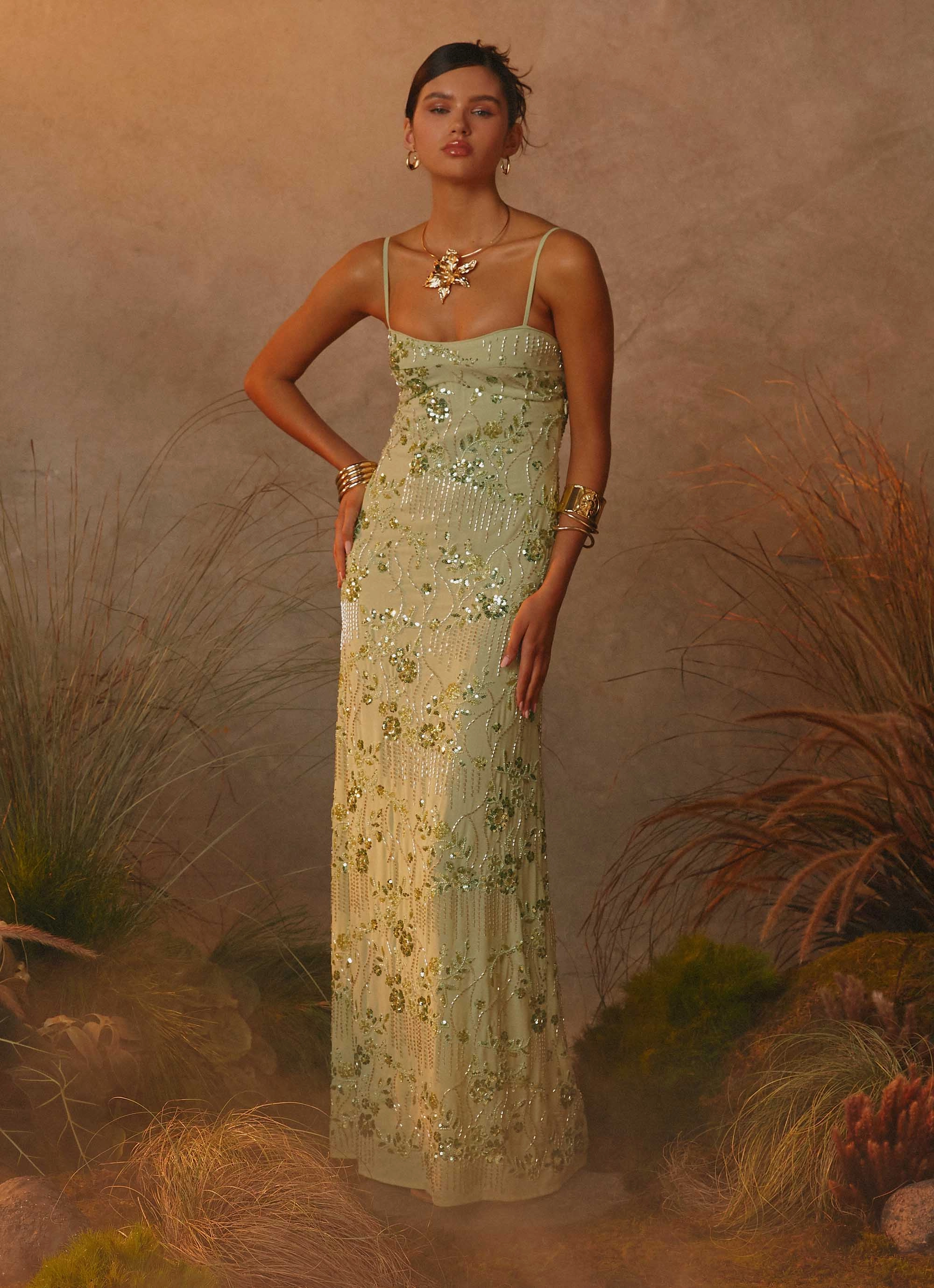 Celandine Beaded Maxi Dress - Lime Smooth Edge Quiet Luxury