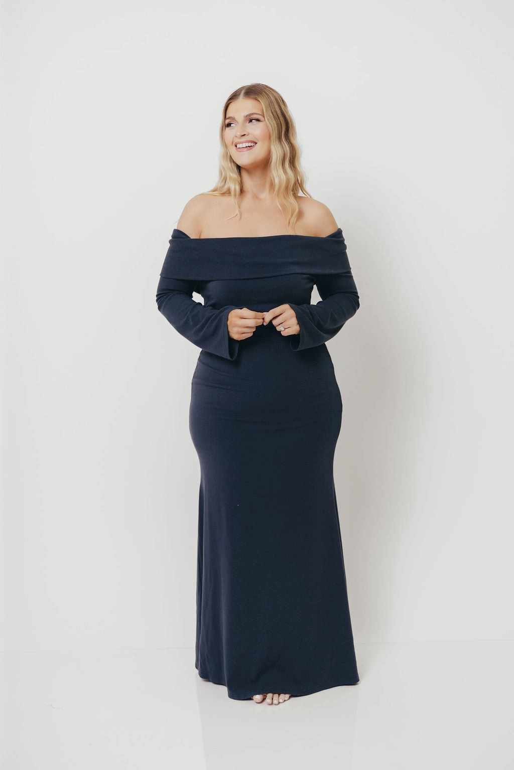 Ankle-length Urban Edge Monroe Maxi Dress with Long Sleeves in Dusty Navy- Bump Friendly