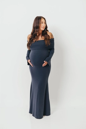 understated look Relaxed Line Monroe Maxi Dress with Long Sleeves in Dusty Navy- Bump Friendly