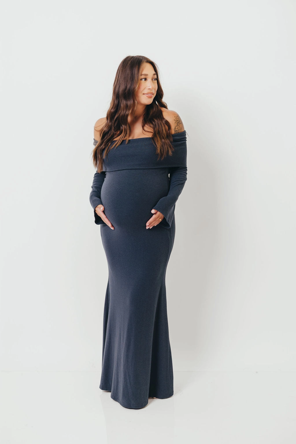 understated look Relaxed Line Monroe Maxi Dress with Long Sleeves in Dusty Navy- Bump Friendly