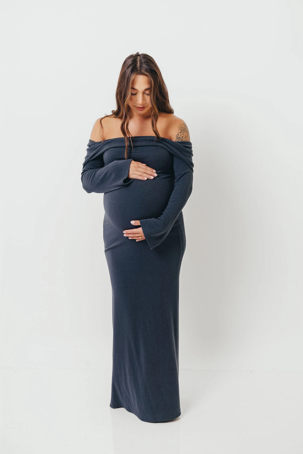 Monroe Maxi Dress with Long Sleeves in Dusty Navy- Bump Friendly All-Occasion Look