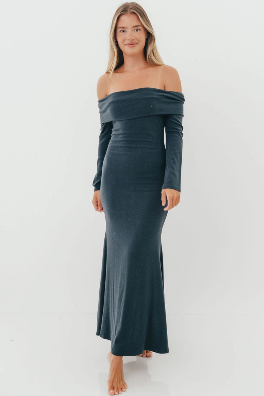 Influencer-Style Bow-Detail Monroe Maxi Dress with Long Sleeves in Dusty Navy- Bump Friendly