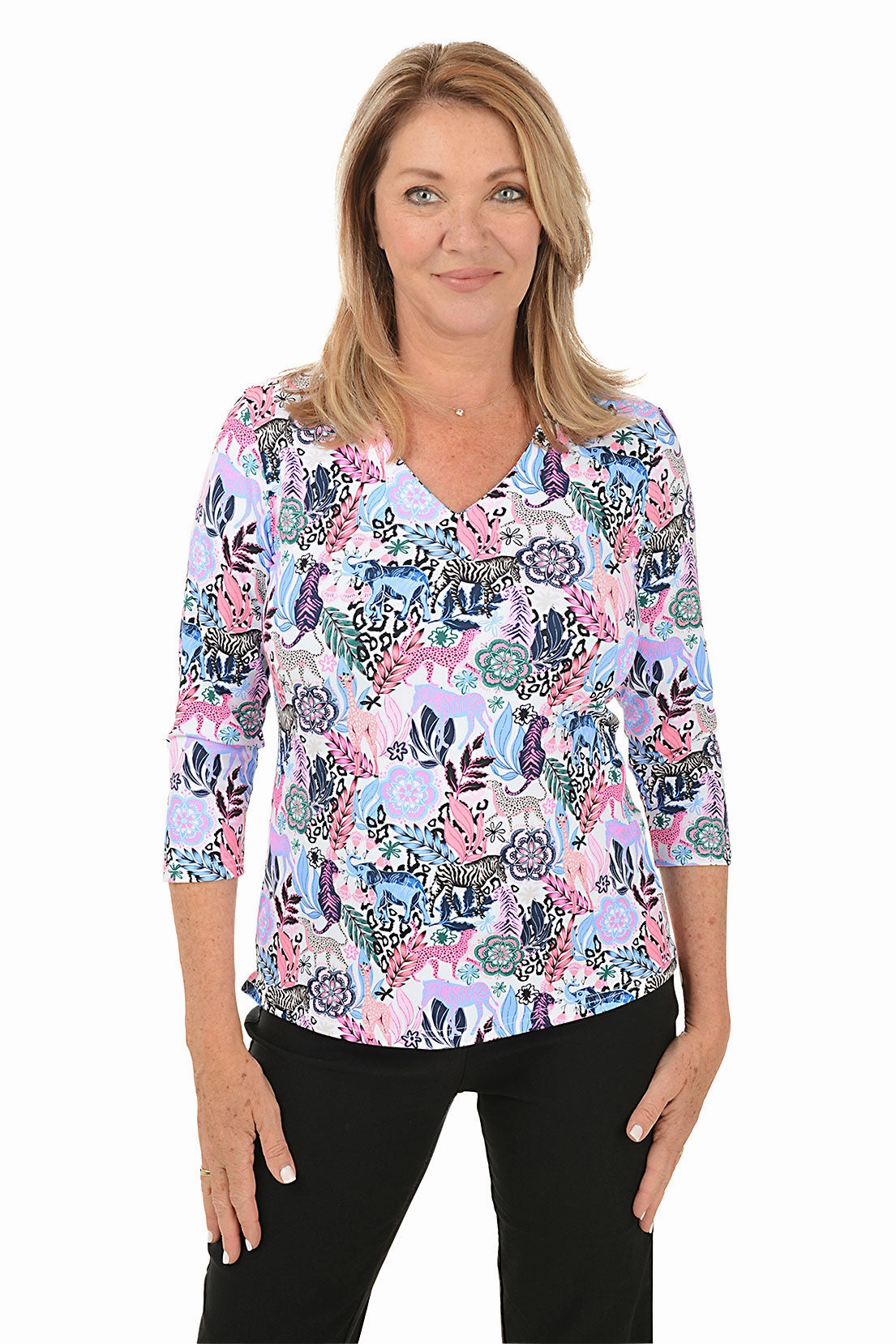 HiddenZipper Floral Safari UPF50  V-Neck Top