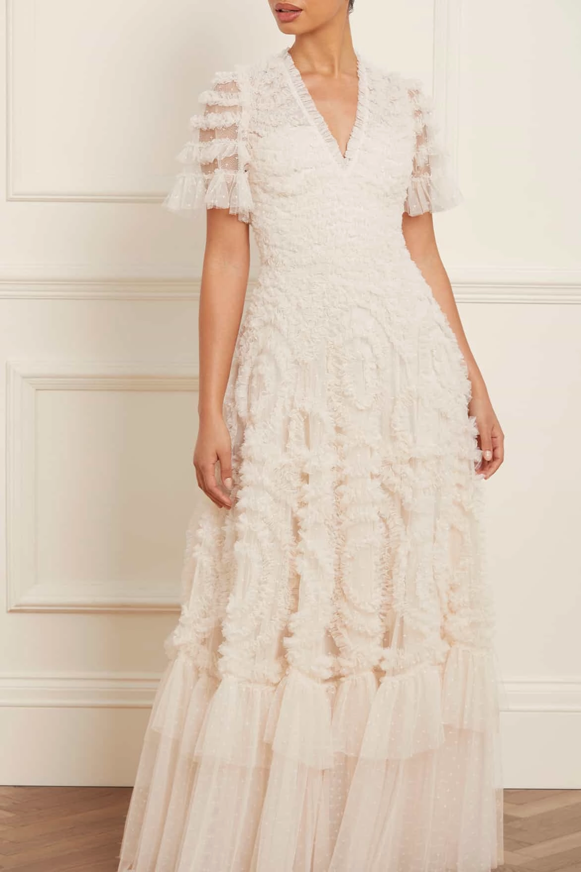 Front-Pocket Verity Ruffle V-Neck Gown