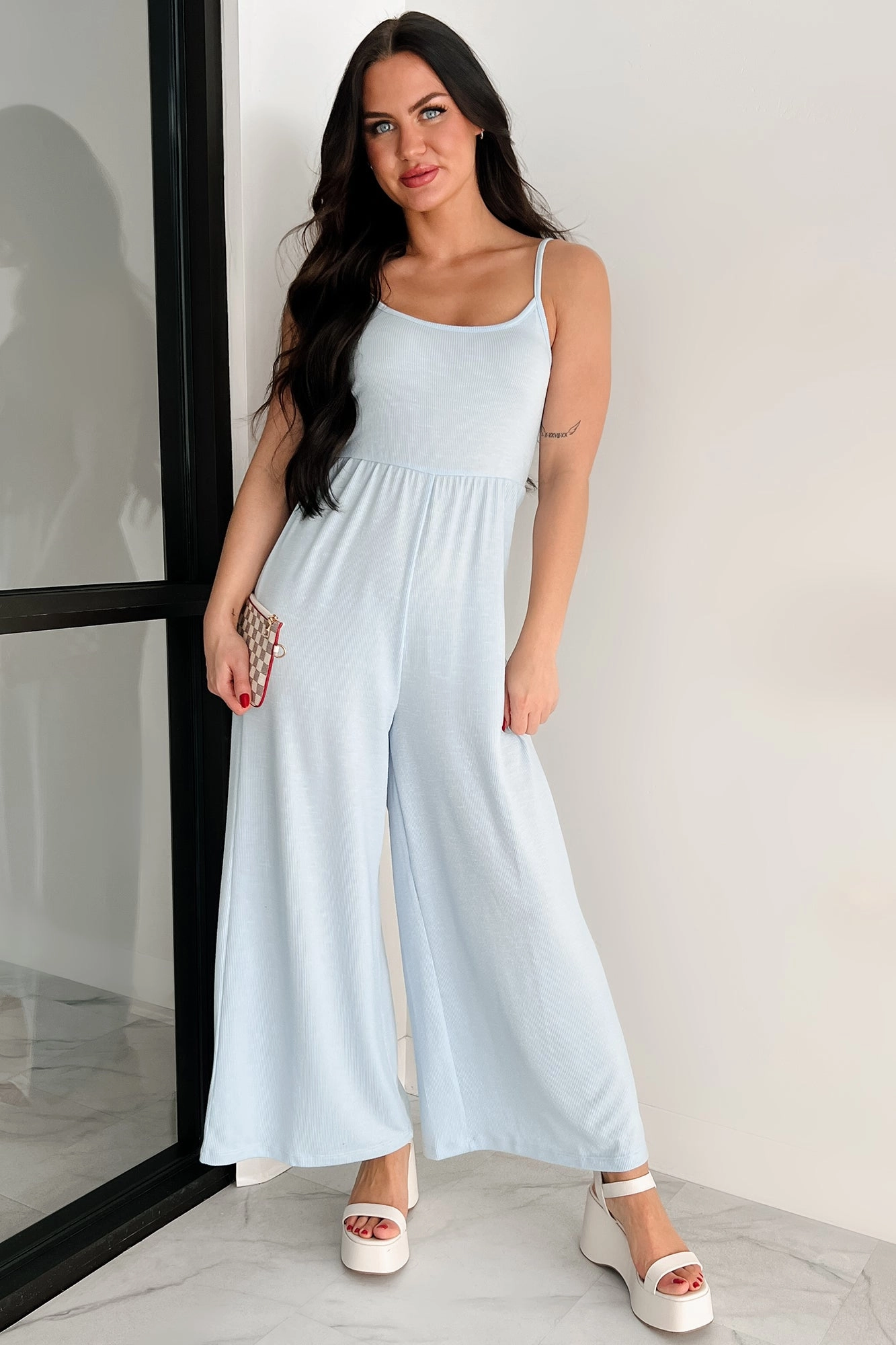 Light As Air Ribbed Wide Leg Jumpsuit (Ice Blue) FlexFit Technology