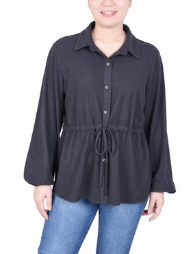 Petite Long Dolman Sleeve Drawstring-Waist Tunic Top Wrinkle Resistant Treatment PolyesterBlend