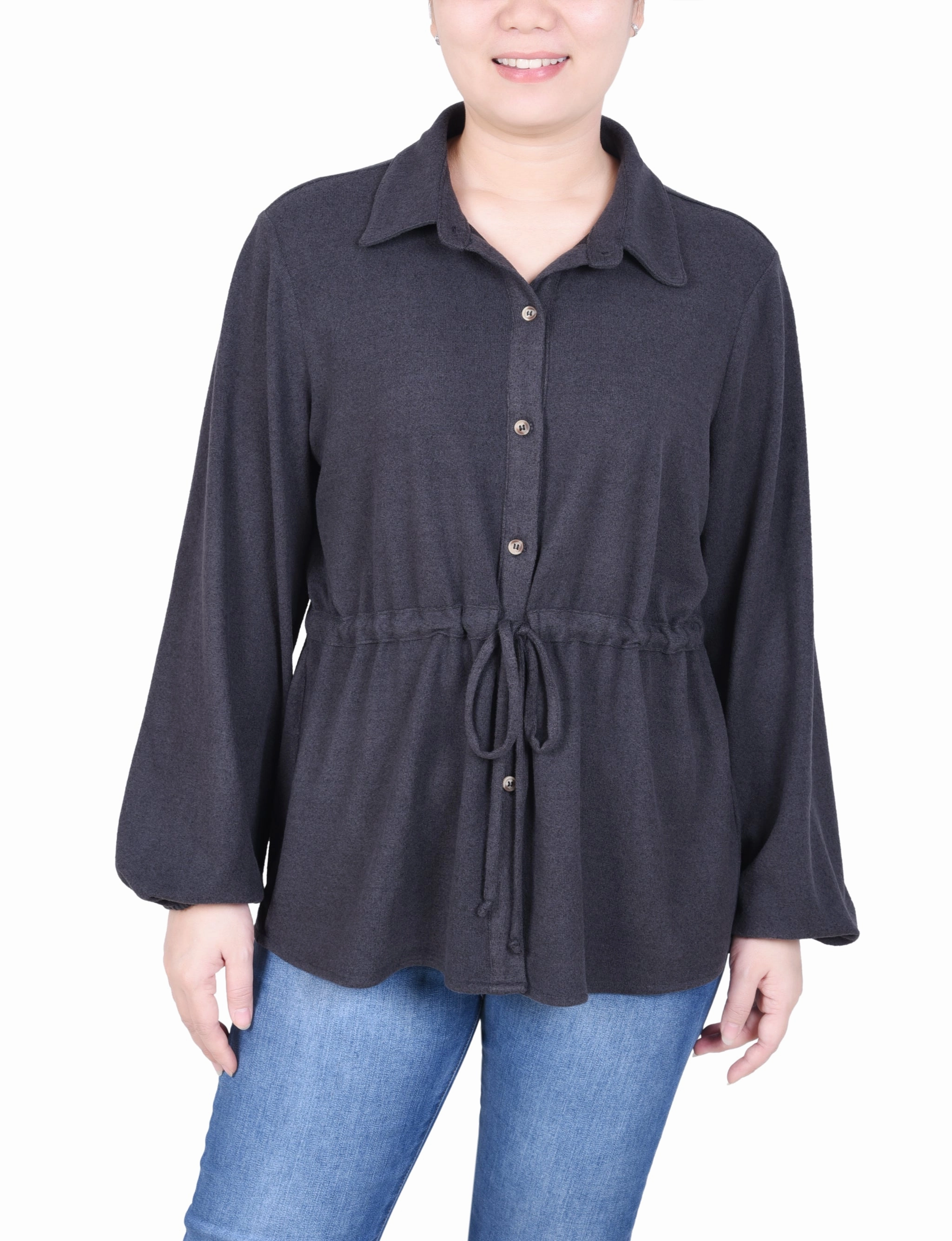 Petite Long Dolman Sleeve Drawstring-Waist Tunic Top LowProfileDesign
