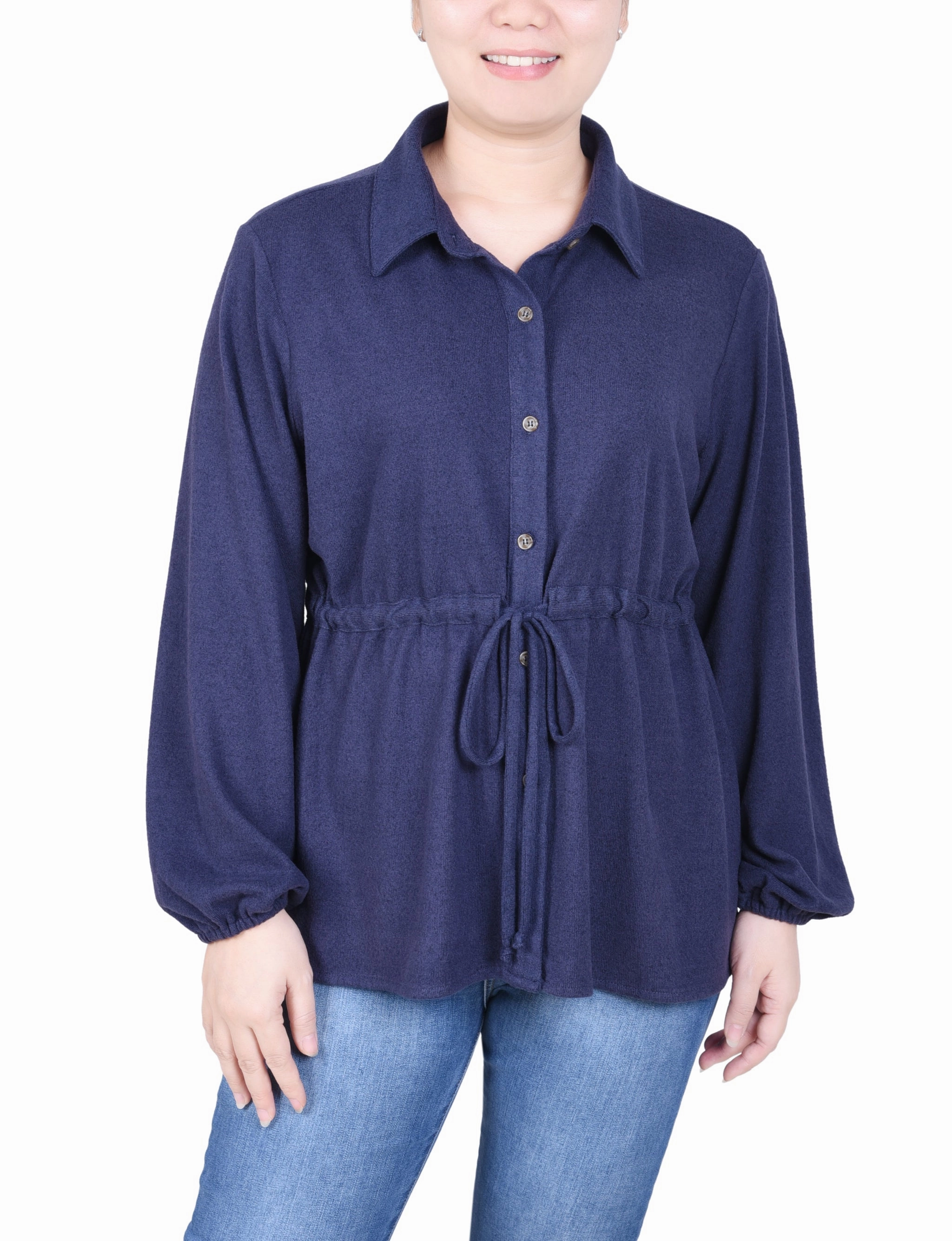EcoFriendly Material MeshPanelIntegration Petite Long Dolman Sleeve Drawstring-Waist Tunic Top