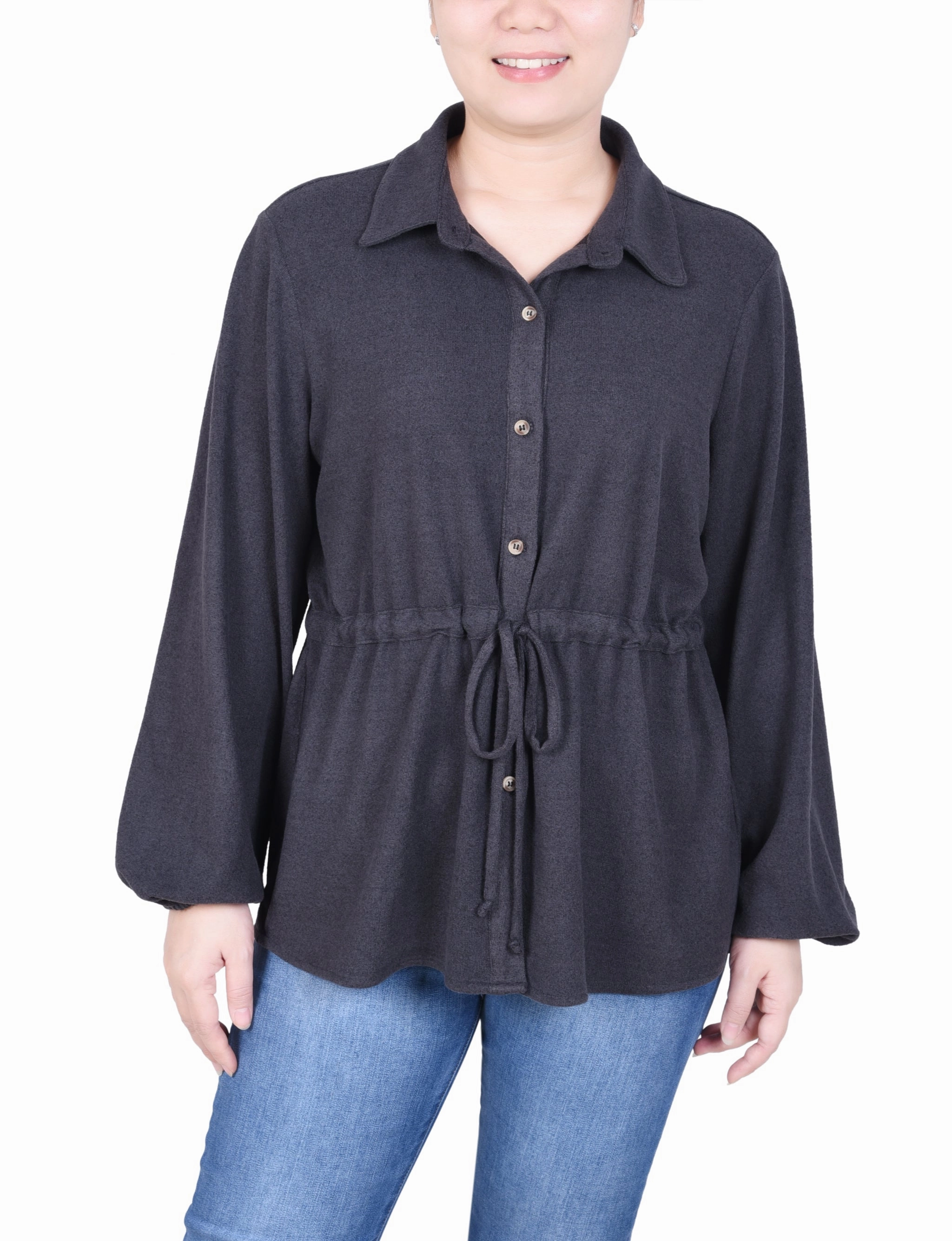 All-Purpose Petite Long Dolman Sleeve Drawstring-Waist Tunic Top