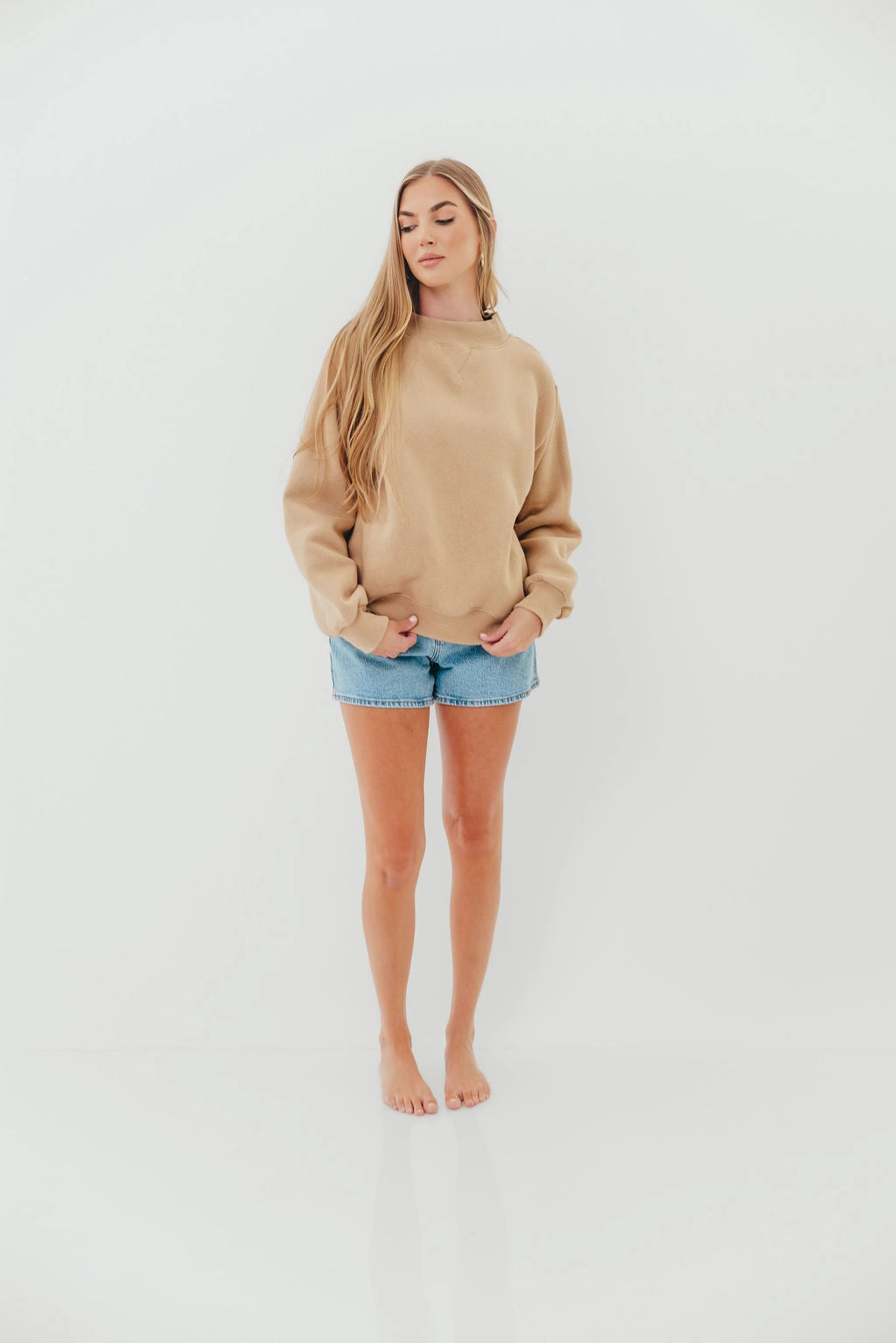 Scout Wide Neck Fleece Sweatshirt in Tan TurtleneckDesign Double Layered Fabric