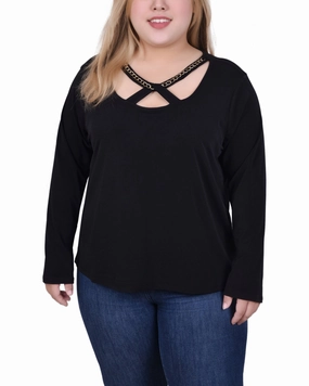 Long Sleeve Jeweled Neck Top DurableCollarStays