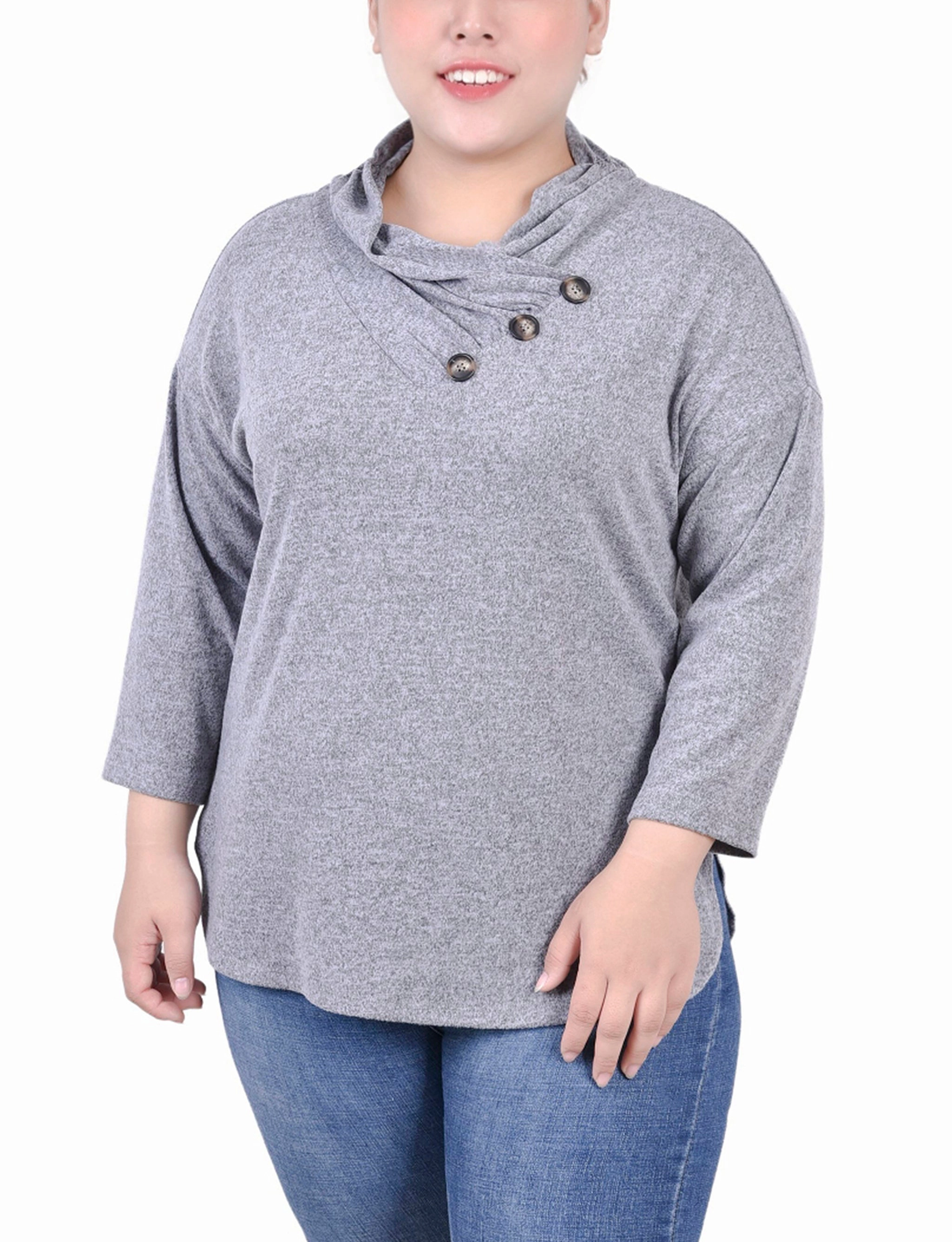 Neutral Tone Palette Plus Size 3/4 Sleeve Crossover Cowl Neck Top