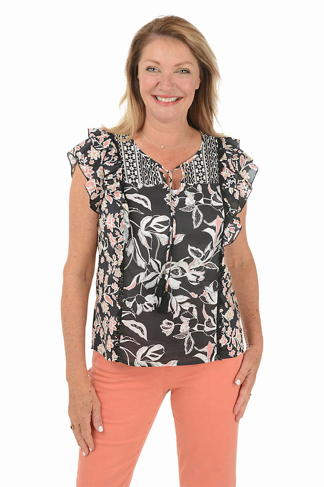 Comfortable Fabric Long Sleeve Shirt Vanilla Flower Ruffled Cap Sleeve Peasant Blouse