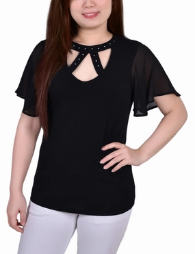FullCut Shoulder OdorResistant Short Flutter Sleeve Top With Rhinestone Studs
