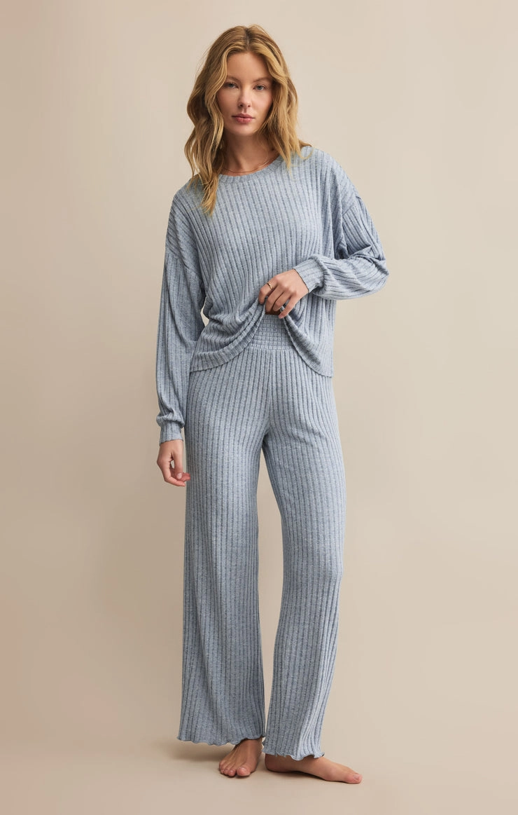 Dawn Smocked Rib Pant in Light Denim Stylish Cut SmoothZipper