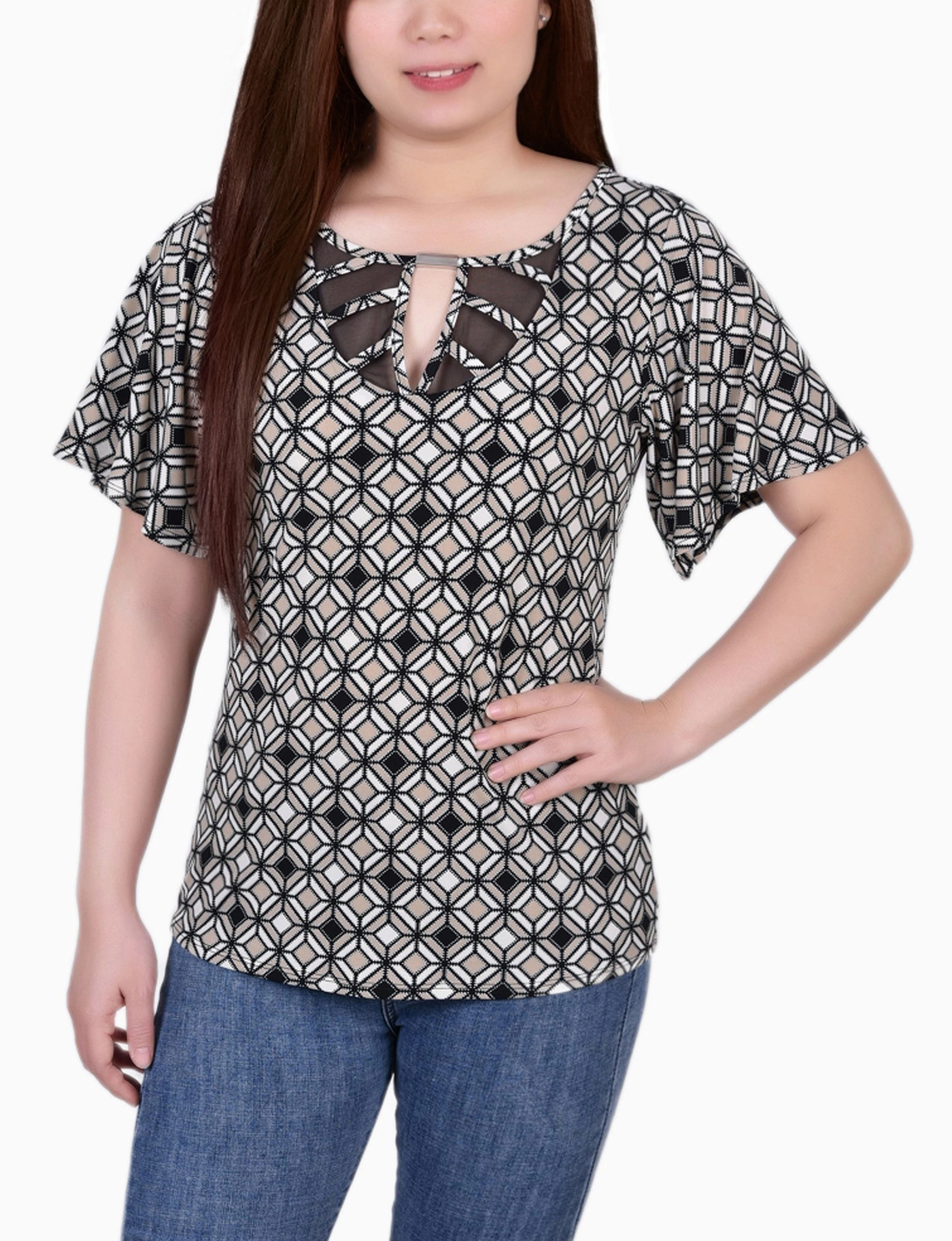 Petite Mesh Flutter Sleeve Knit Top Relaxed Sweatshirt