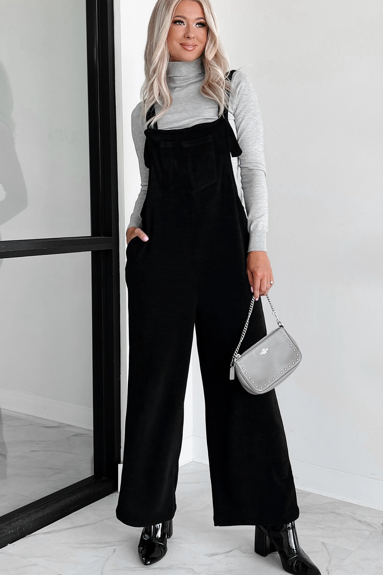 Playful Impression Soft Corduroy Overall Jumpsuit (Black) Ribbed Trims